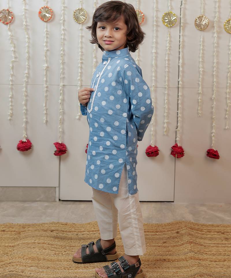 Powder blue printed cambric cotton kurta set