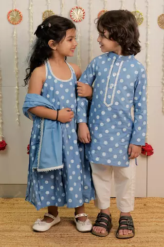 Powder blue printed cambric cotton kurta set
