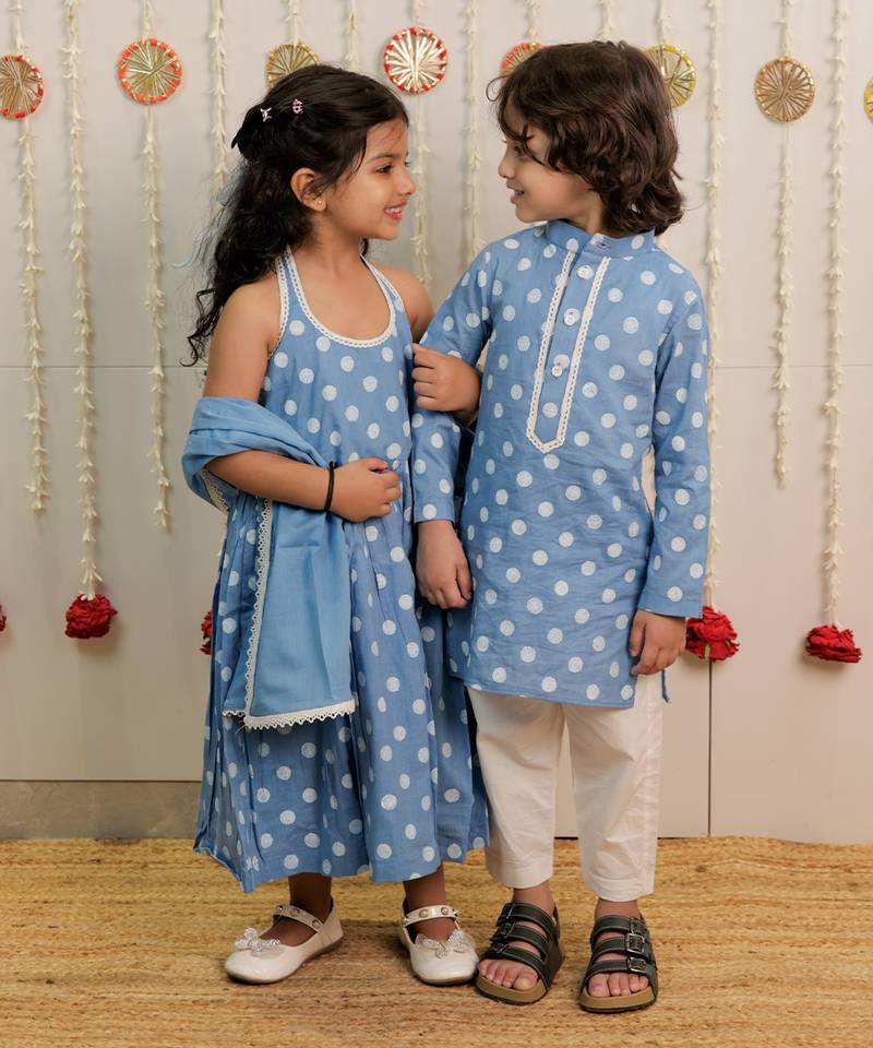 Powder blue printed cambric cotton kurta set