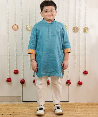 Teal blue printed cotton kurta set 1