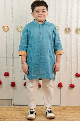 Teal blue printed cotton kurta set