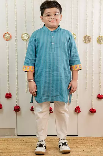 Teal blue printed cotton kurta set