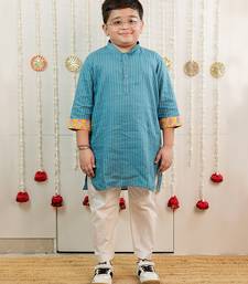 Teal blue printed cotton kurta set
