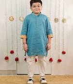 Teal blue printed cotton kurta set