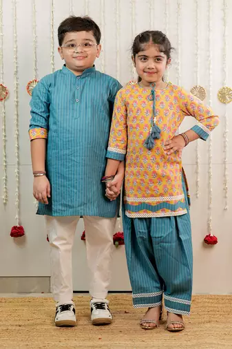 Teal blue printed cotton kurta set