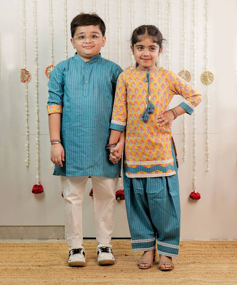 Teal blue printed cotton kurta set