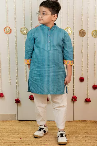 Teal blue printed cotton kurta set