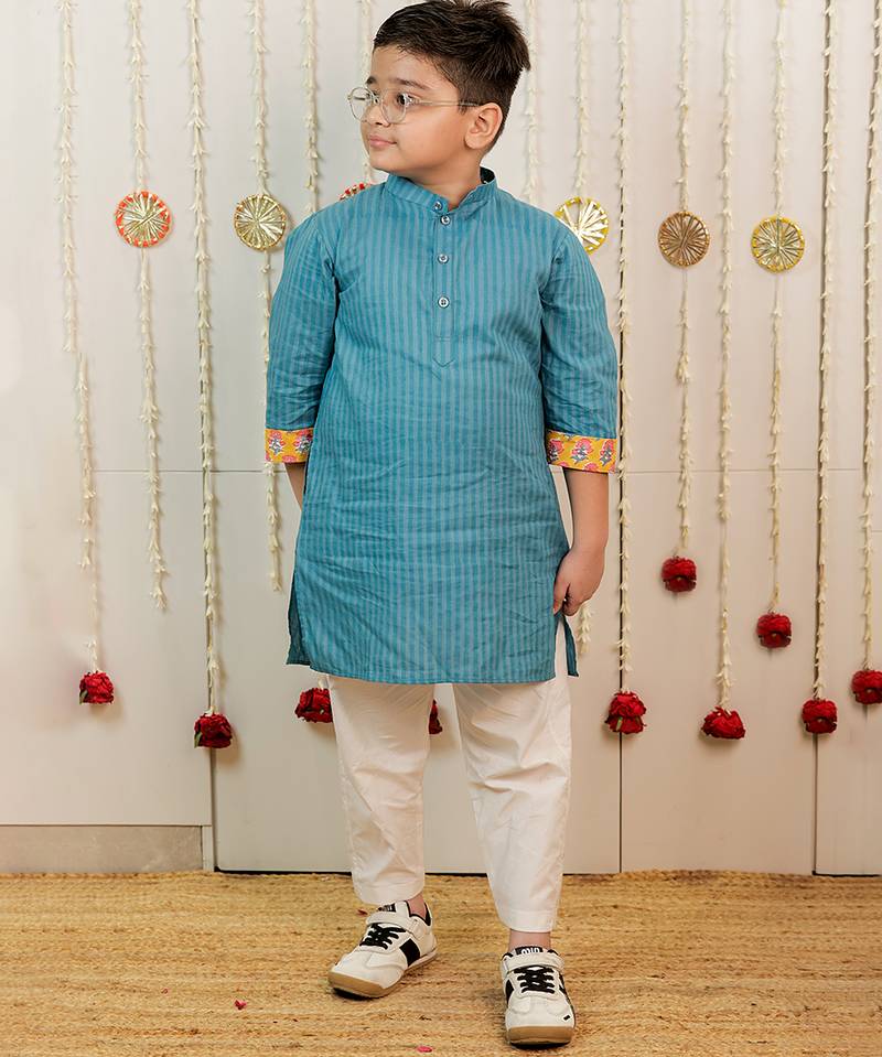 Teal blue printed cotton kurta set