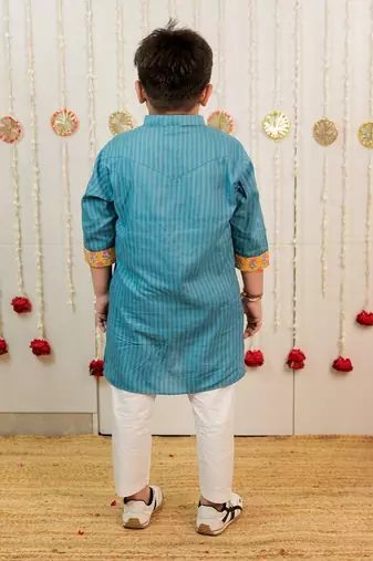 Teal blue printed cotton kurta set