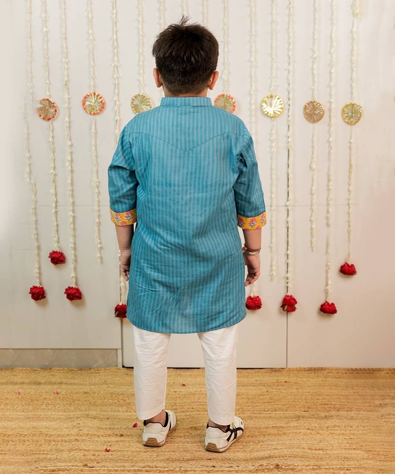 Teal blue printed cotton kurta set
