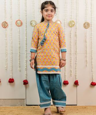 Mustard yellow printed cotton kurti set 1