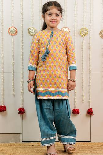 Mustard yellow printed cotton kurti set