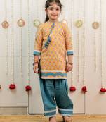 Mustard yellow printed cotton kurti set