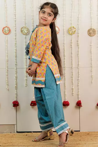 Mustard yellow printed cotton kurti set