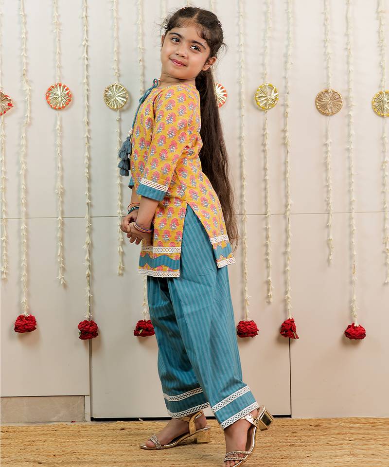 Mustard yellow printed cotton kurti set