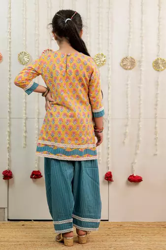 Mustard yellow printed cotton kurti set