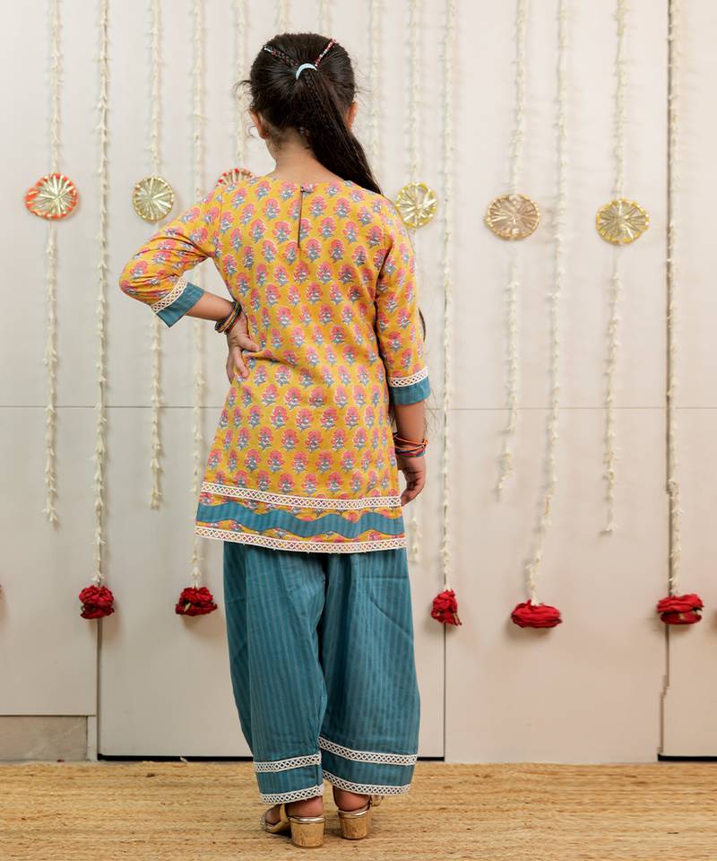 Mustard yellow printed cotton kurti set