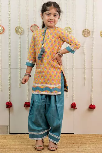 Mustard yellow printed cotton kurti set