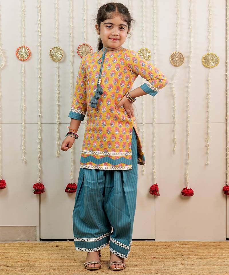 Mustard yellow printed cotton kurti set