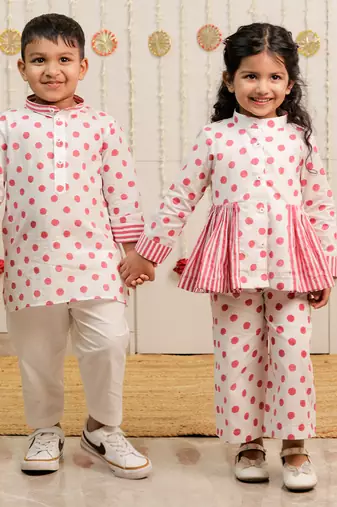 Off white printed cotton kurta set