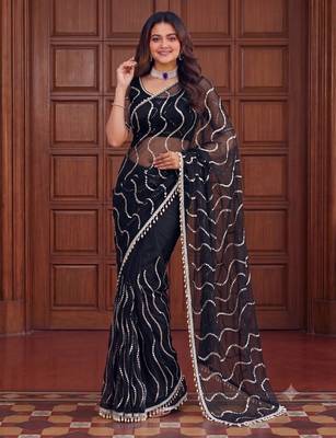 Black Color Beads Work Net Saree 1