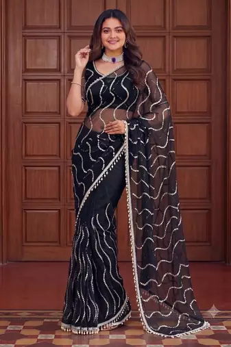 Black Color Beads Work Net Saree