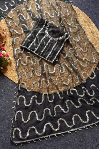 Black Color Beads Work Net Saree