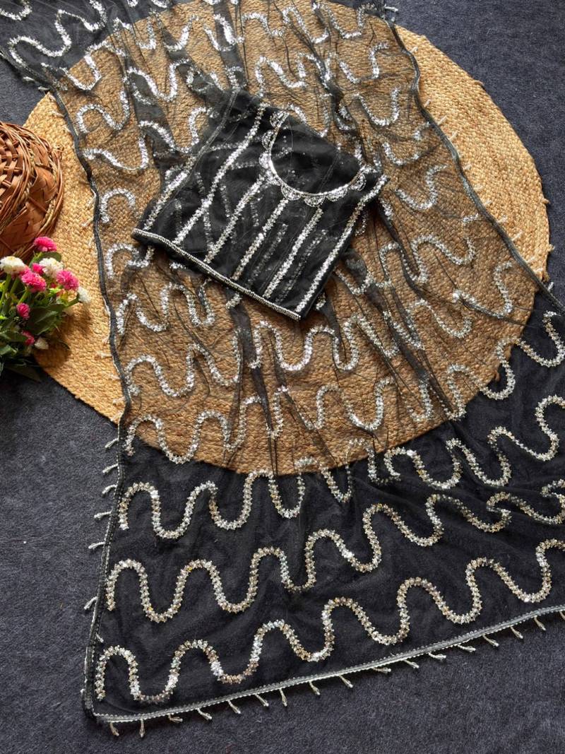 Black Color Beads Work Net Saree
