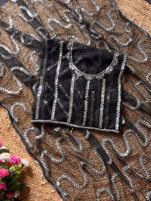 Black Color Beads Work Net Saree 3