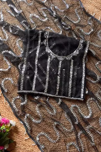 Black Color Beads Work Net Saree