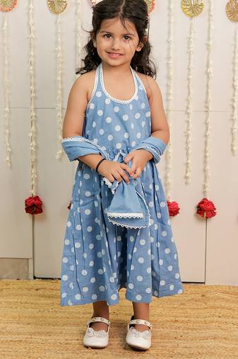 Powder blue printed cambric cotton kurti dress and dupatta