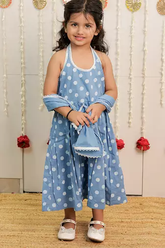 Powder blue printed cambric cotton kurti dress and dupatta