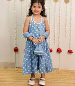 Powder blue printed cambric cotton kurti dress and dupatta