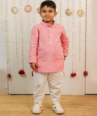 Pink peach printed cambric cotton kurta set 1
