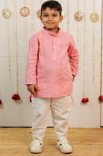 Pink peach printed cambric cotton kurta set