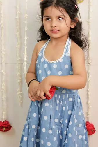 Powder blue printed cambric cotton kurti dress and dupatta