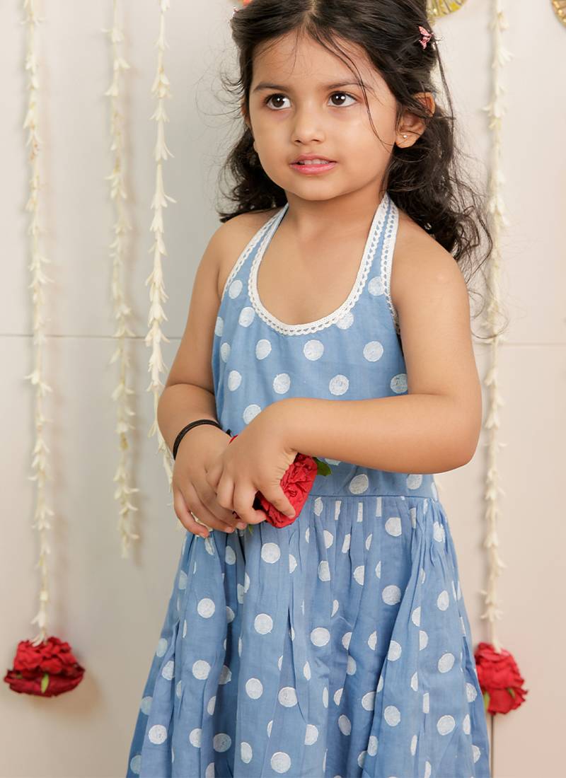 Powder blue printed cambric cotton kurti dress and dupatta