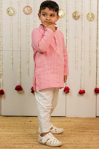 Pink peach printed cambric cotton kurta set