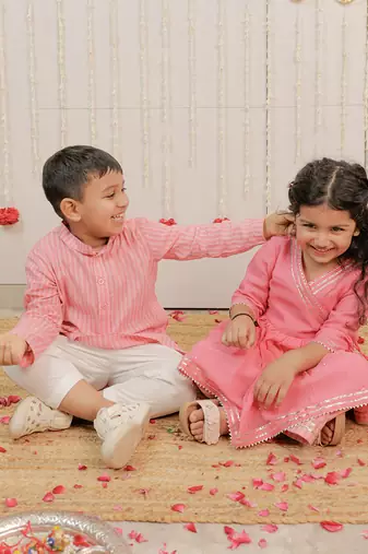 Pink peach printed cambric cotton kurta set