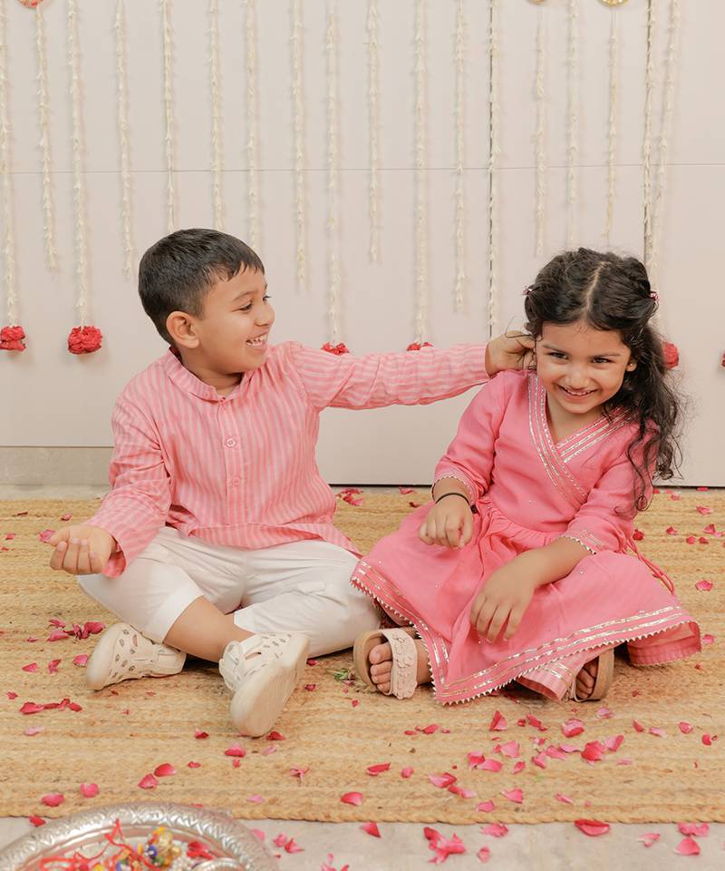 Pink peach printed cambric cotton kurta set
