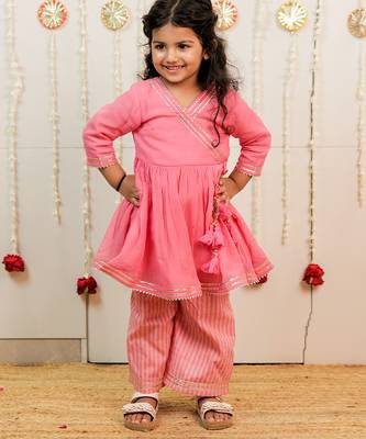 Pink peach embroidered georgette angrakha kurti set 1
