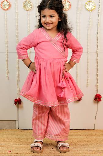 Pink peach embroidered georgette angrakha kurti set