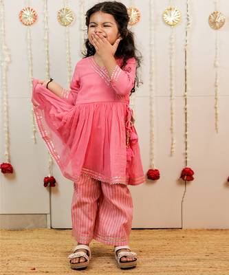 Pink peach embroidered georgette angrakha kurti set 2