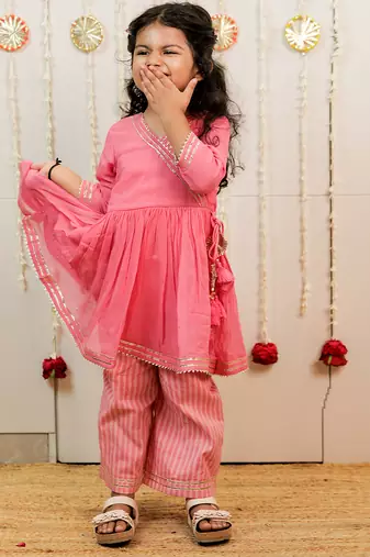 Pink peach embroidered georgette angrakha kurti set