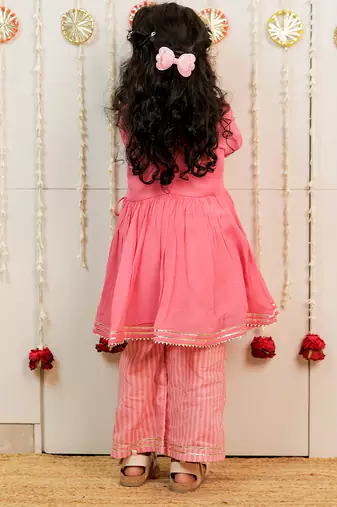 Pink peach embroidered georgette angrakha kurti set