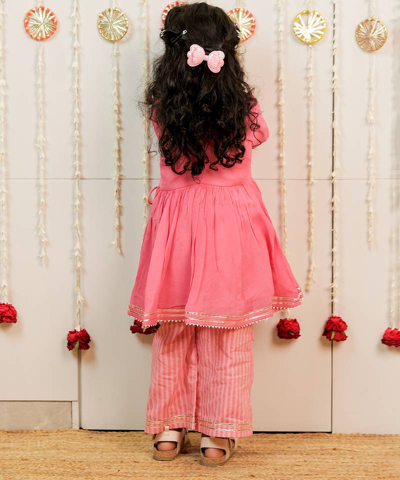 Pink peach embroidered georgette angrakha kurti set