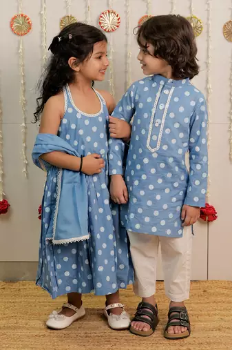 Powder blue printed cambric cotton kurti dress and dupatta