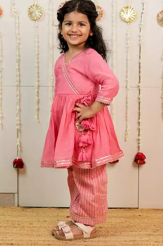 Pink peach embroidered georgette angrakha kurti set