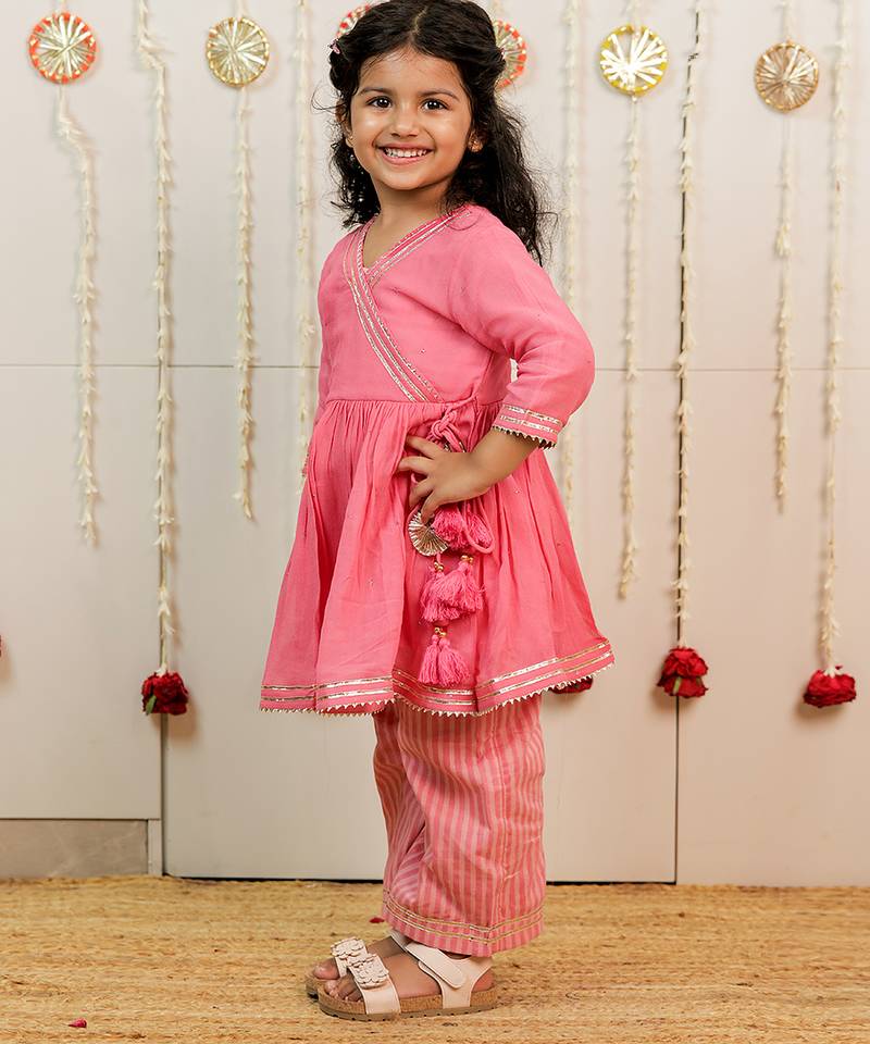 Pink peach embroidered georgette angrakha kurti set