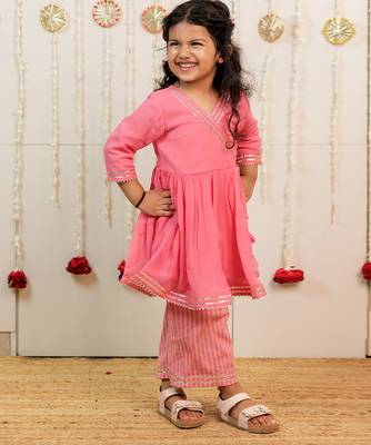 Pink peach embroidered georgette angrakha kurti set 5